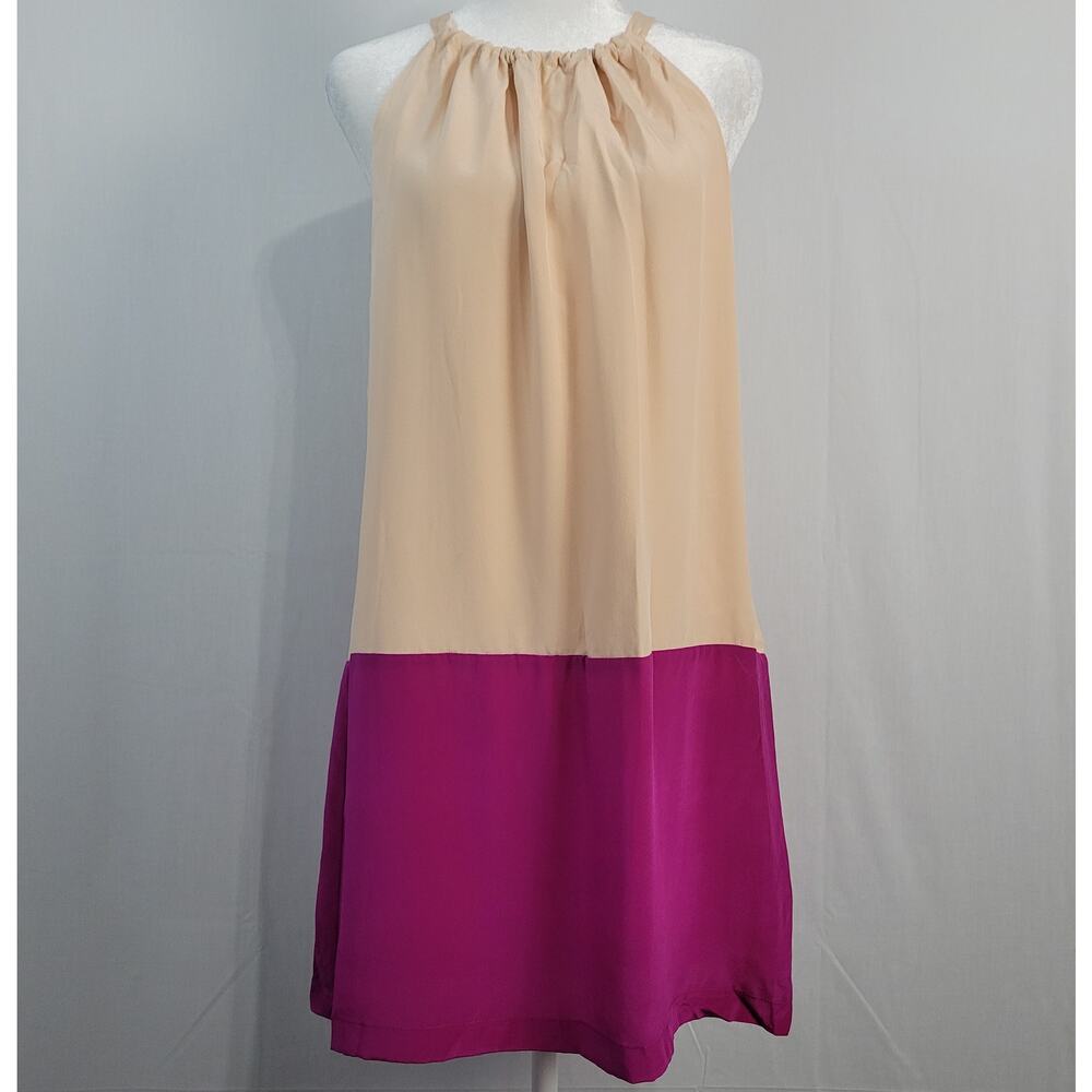 Amour Vert Silk Sleeveless High Neck Mini Shift Dress sz L Pink Colorblock USA